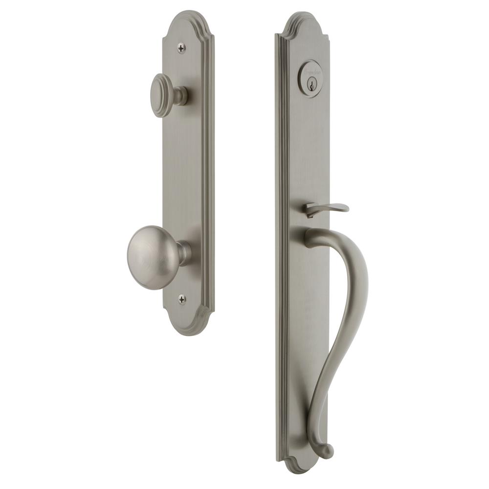 Grandeur by Nostalgic Warehouse ARCSGRFAV Arc One-Piece Handleset with S Grip and Fifth Avenue Knob in Satin Nickel